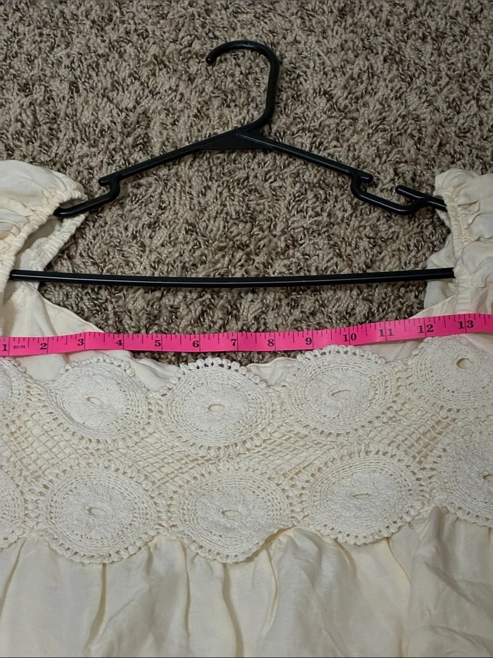 Anthropologie Cream Crochet Yoke Puff Sleeve Top